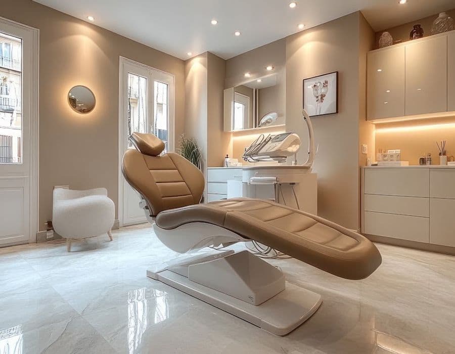 Private treatment suite with a contoured treatment bed at Dermatica Medical Clinic, Dubai