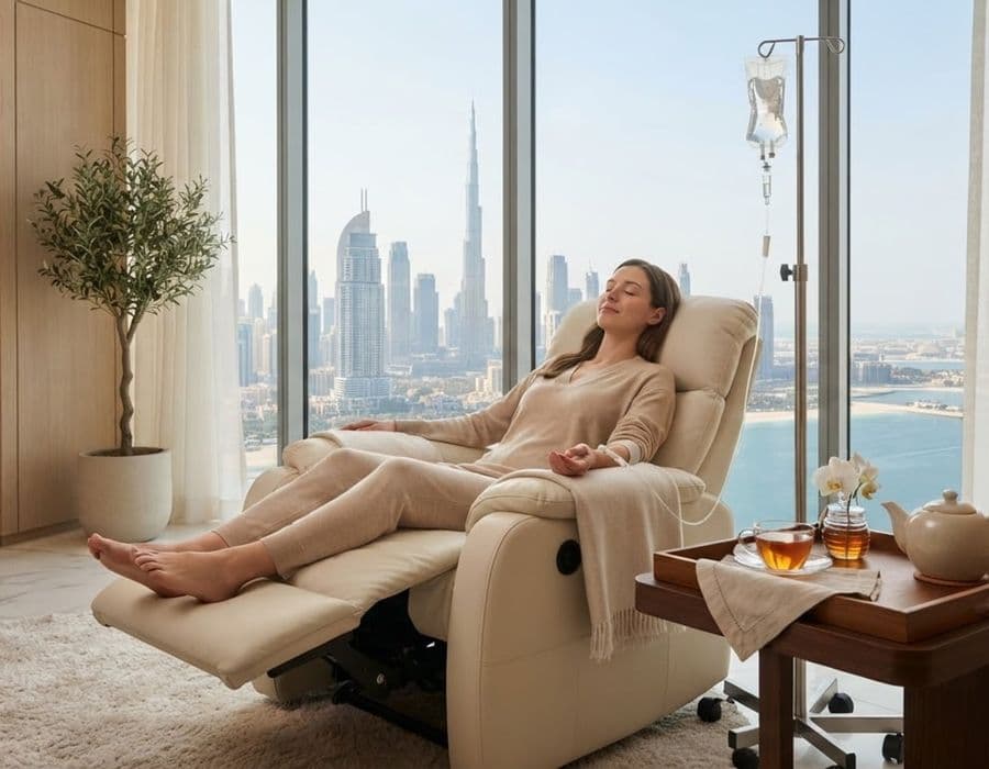 Relaxing infusion lounge overlooking the Dubai skyline at Dermatica